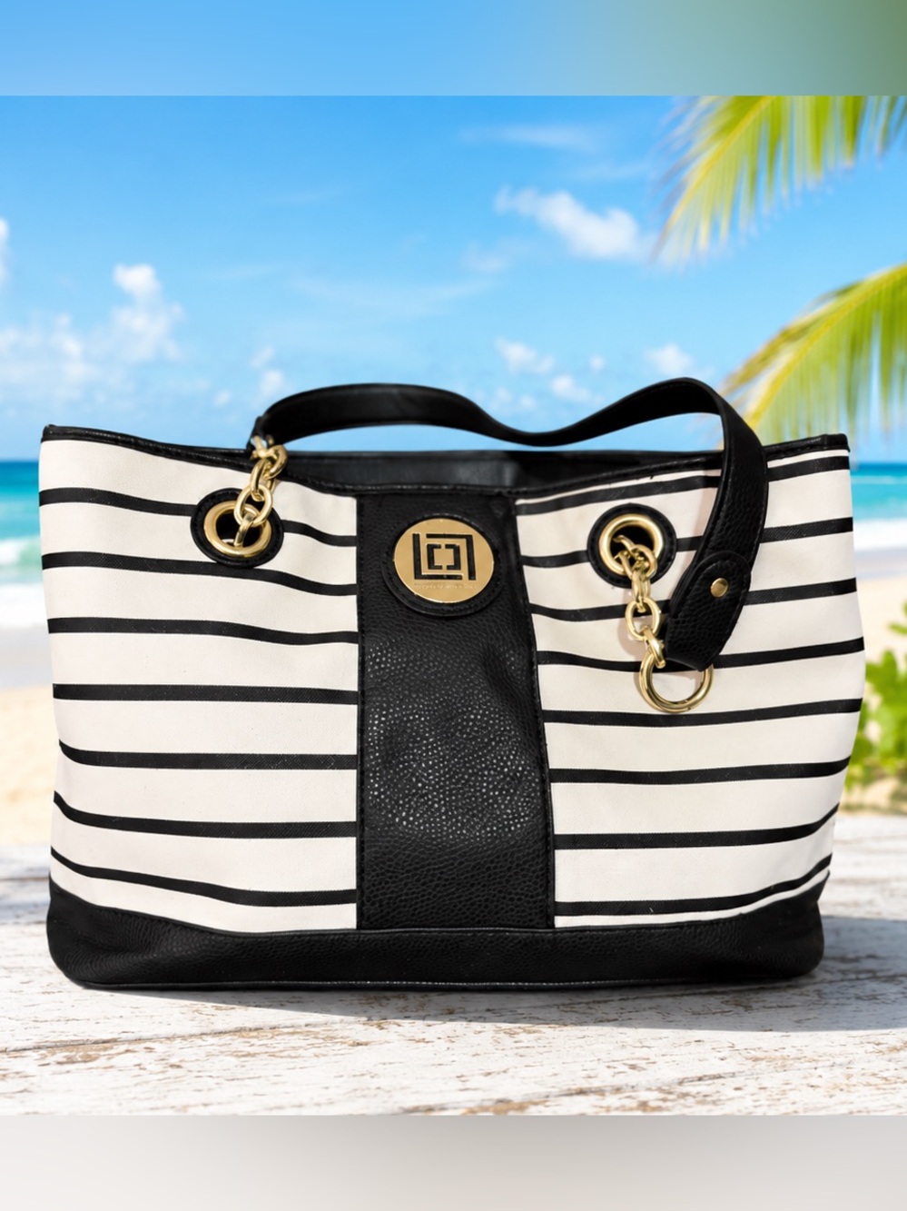 Liz Claiborne Black White Striped Tote Bag Gold Chain Shoulder Purse Large